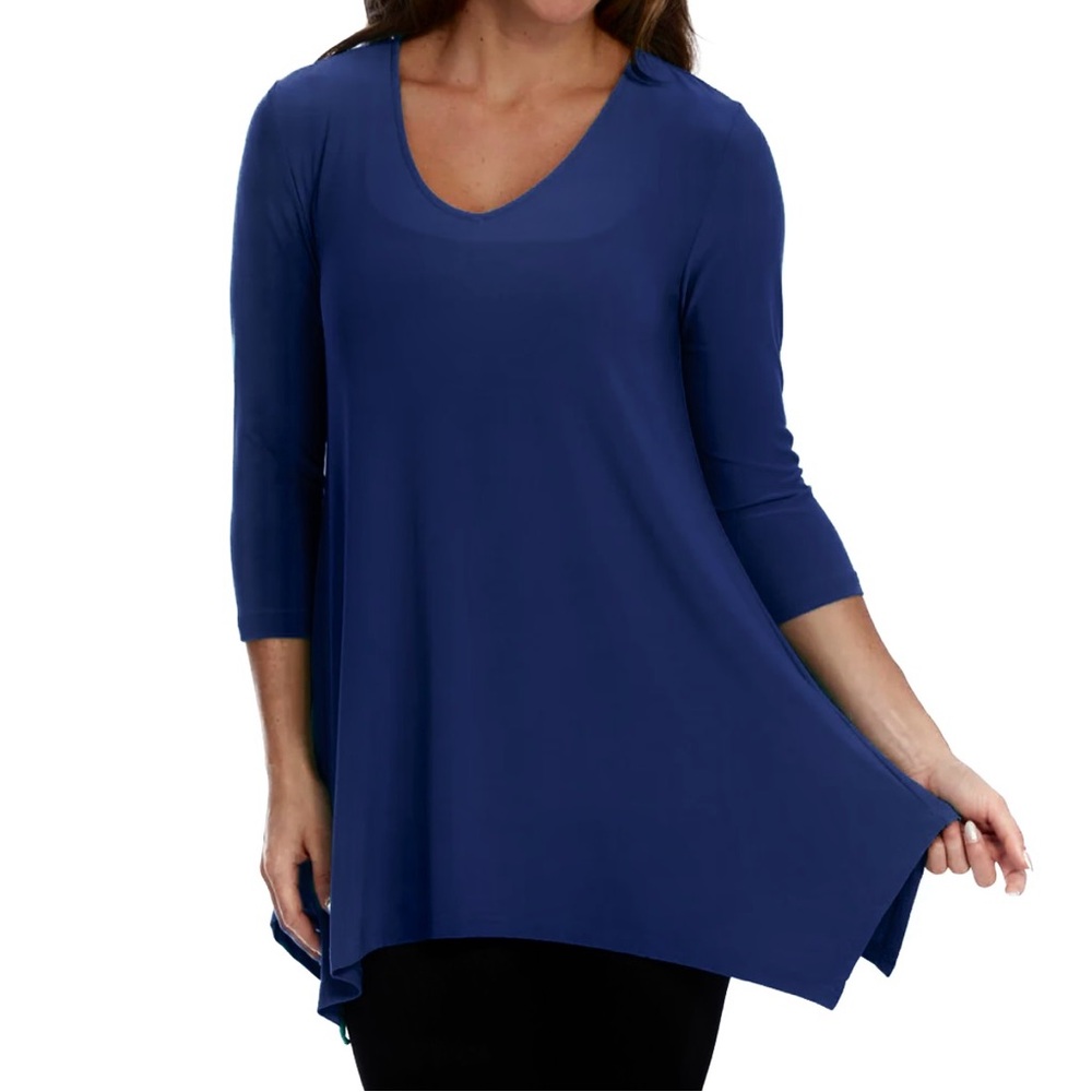 Alisha D. Navy Blue V-Neck Flowy A-Line Tunic Top Travel Size M
